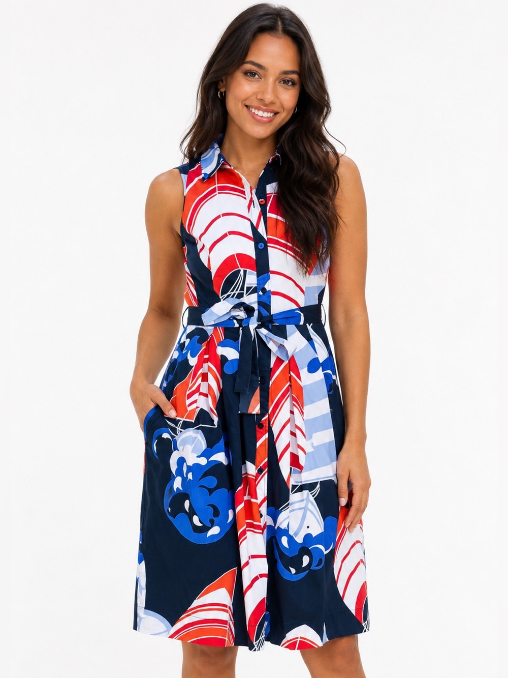 Talbots Red, Blue & White Sleeveless Midi Shirt Dress